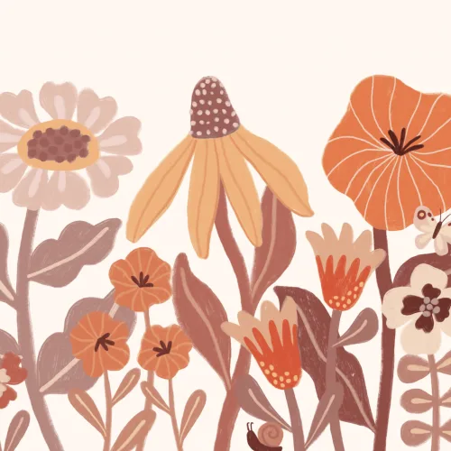 Mural Infantil Naranja Flores Retro Escandinavo