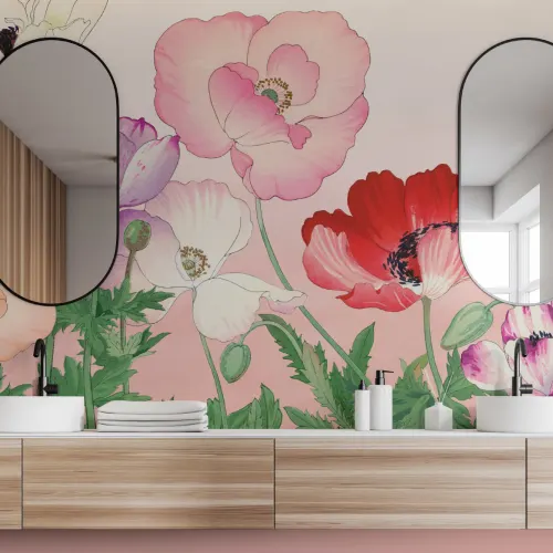 Pink Poppy Japanese Watercolor Floral Mural