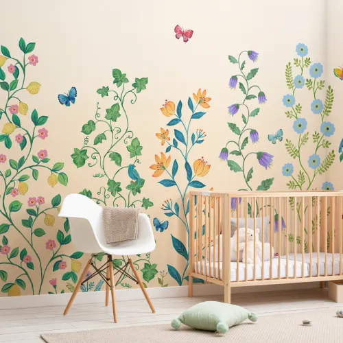 Yellow Whimsical Climbing Botanicals Mural