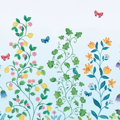 Blauwe grillige klimplanten muurschildering