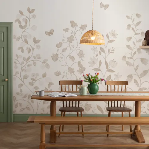 Carta da parati beige con botanici arrampicati