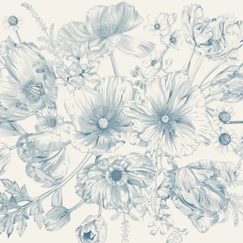Carta da parati illustrata blu con bouquet floreale
