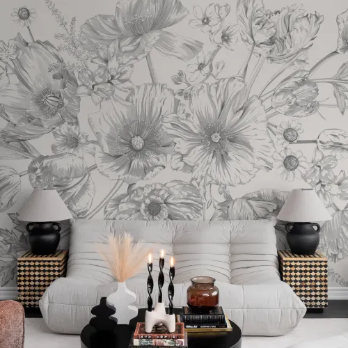 Monochrome Illustrated Floral Bouquet Mural