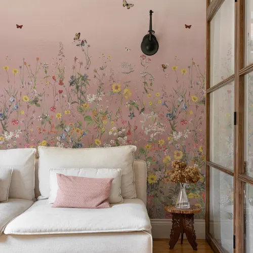 Pink Ombre Wildflower and Butterfly Mural