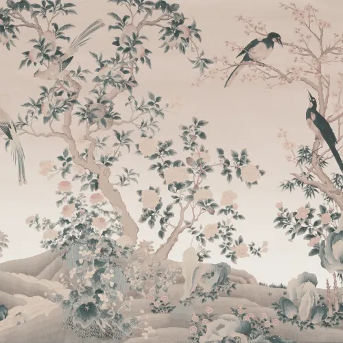 Pink Chinoiserie Vintage Garden Scene Mural