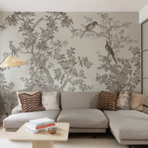 Neutral Chinoiserie Vintage Garden Scene Mural