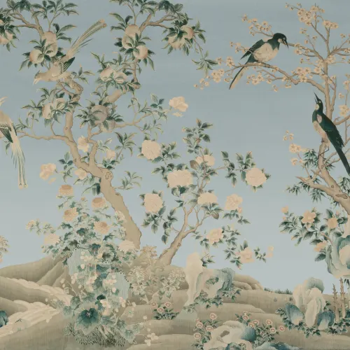 Blaue Chinoiserie Vintage Garten Szene Fototapete