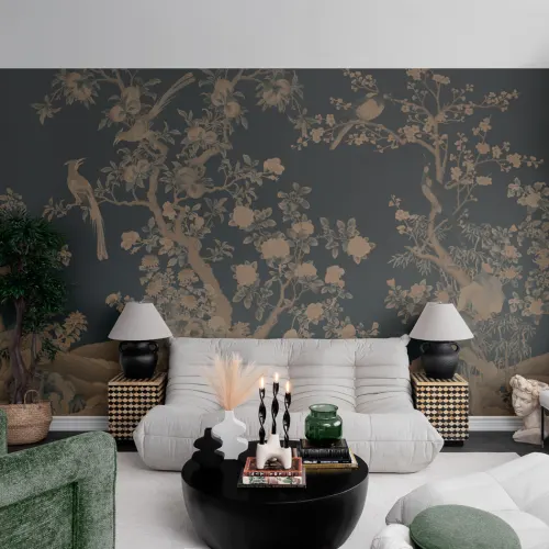 Navy Chinoiserie Vintage Garden Scene Mural