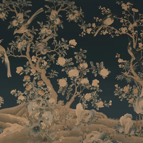 Navy Chinoiserie Vintage Garden Scene Mural