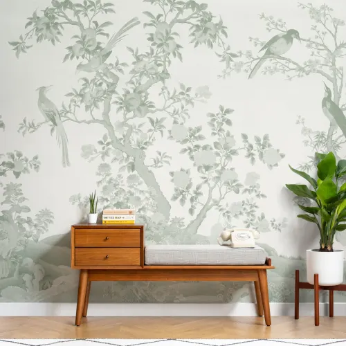 Tintgroene Chinoiserie Vintage Tuinlandschap Muurschildering