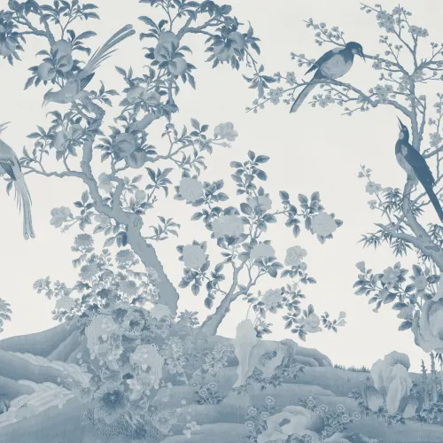 Tonalblå Chinoiserie Vintage Garden Scene fototapet