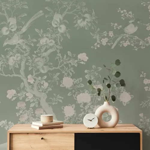 Green Chinoiserie Vintage Garden Scene Mural