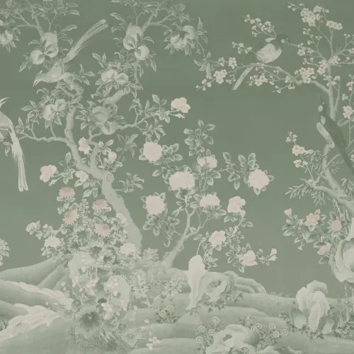 Green Chinoiserie Vintage Garden Scene Mural