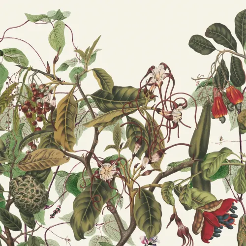 Üppige botanische Fototapete im Vintage-Stil mit tropischen Blumen und Blättern in Farbe