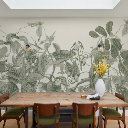 Lush Vintage Botanical Wall Mural in Green with Detailed Tropical Plant Illustrations