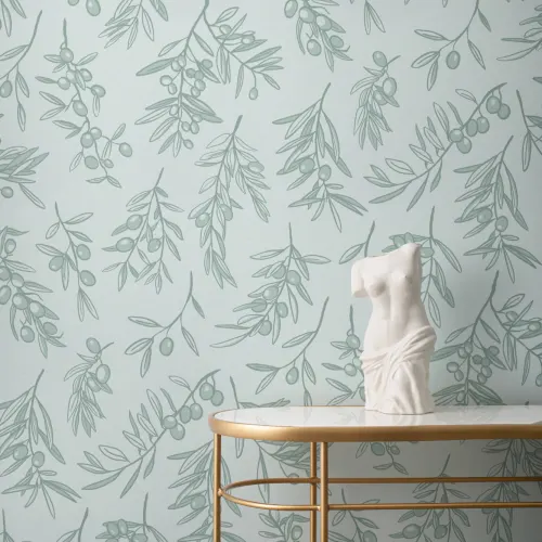 Mint Green Ancient Greek Olive Branch Pattern Wallpaper Mural