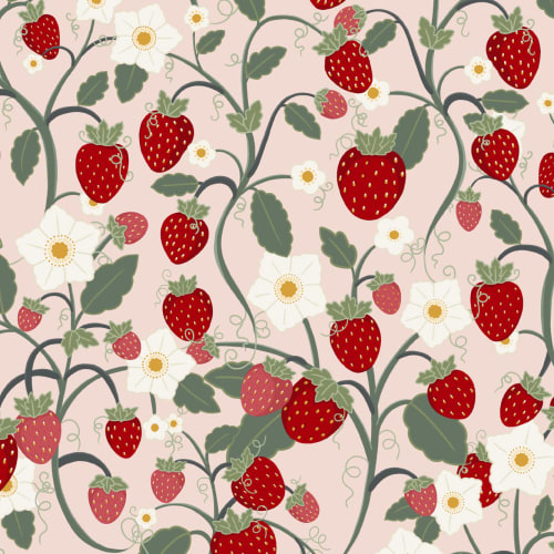 Papel de parede com padrão repetido de morango e flores cor-de-rosa para crianças