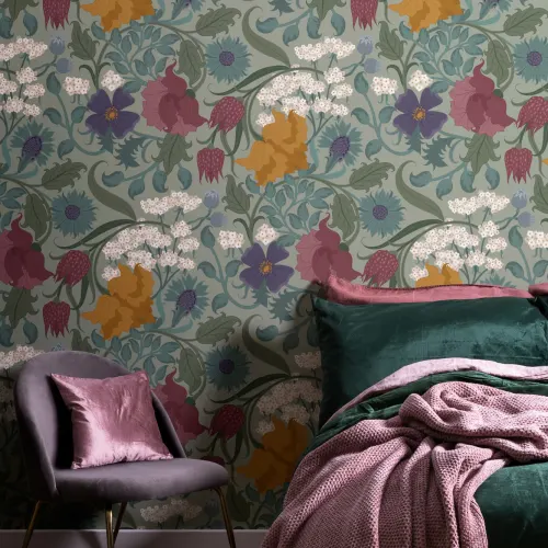 Vintage Colorful and Green Floral Repeat Pattern Wallpaper