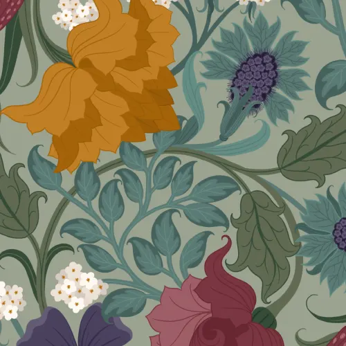 Vintage Colorful and Green Floral Repeat Pattern Wallpaper