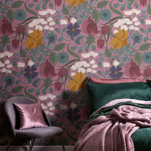 Vintage Colorful and Pink Floral Repeat Pattern Wallpaper