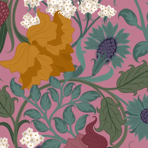 Vintage Colorful and Pink Floral Repeat Pattern Wallpaper