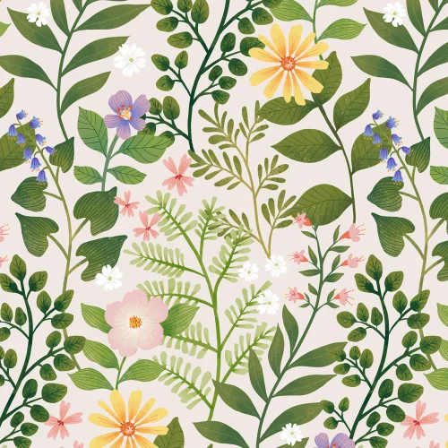 Bright Floral Garden Repeat Pattern Wallpaper