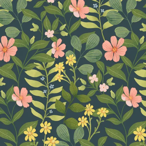 Dark Navy Floral Garden Repeat Pattern Tapet