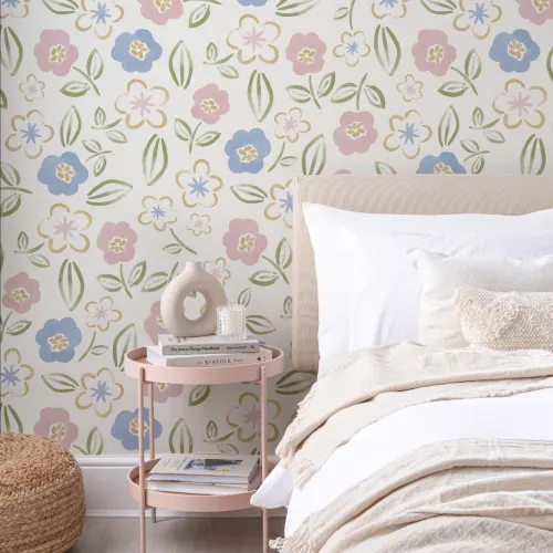 Pink & Blue Floral Block Print Wallpaper