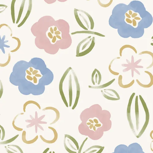 Pink & Blue Floral Block Print Wallpaper