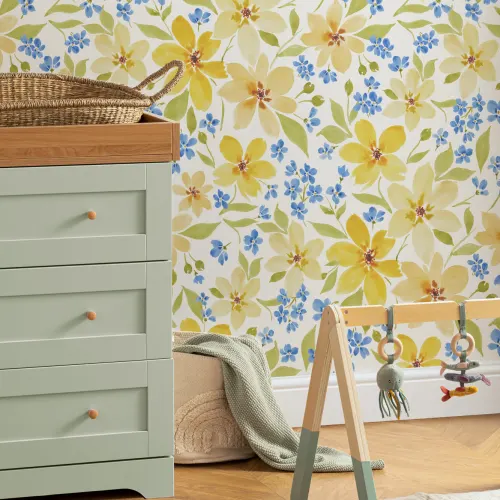 Yellow and Blue Watercolor Flowers Wallpaper