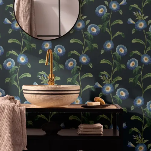 Leafy Bright Blue Petunia Floral Wallpaper