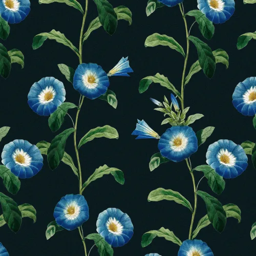 Leafy Bright Blue Petunia Floral Wallpaper
