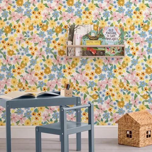 Bright Multicolor Fun Floral Print Wallpaper