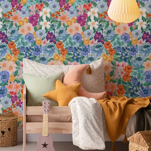 Multicolor Oil Painted Style Fun Floral Wallpaper