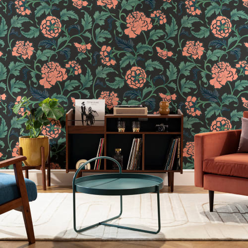 Peony Chinese Ornaments Illustrations Black Wall Mural