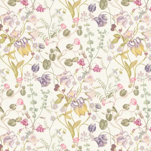 Evelina Pink blomstertapet med håndtegnet vintage botanisk mønster