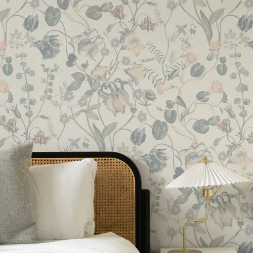 Evelina Blue Botanical Wallpaper with Whimsical Vintage Floral Details