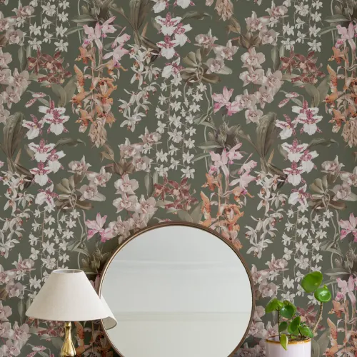 Green Vintage Floral Nature Mural With Orchids Design