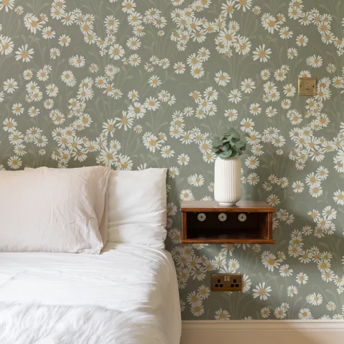 Green Vintage Floral Pattern Mural With Daisies Mural