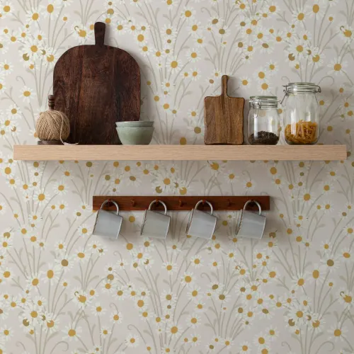 Mural floral vintage de flores silvestres bege para espaços serenos