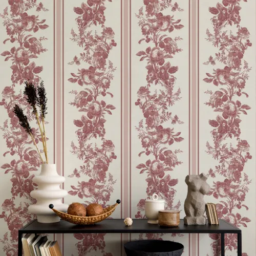 Red Vintage Floral Stripe Wallpaper Mural