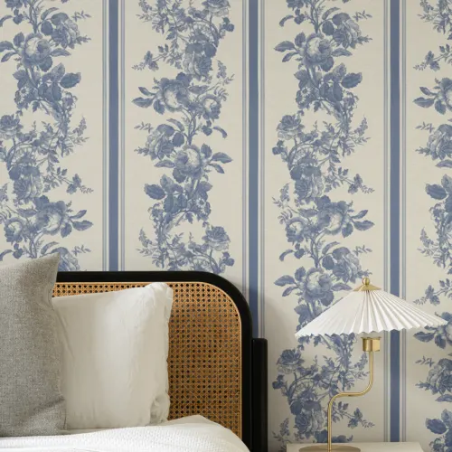 Navy Vintage Floral Striped Pattern Wall Mural