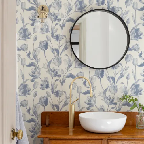 Blaue botanische Tapete mit floralem Design als Muster-Fototapete