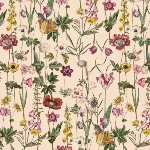 Beige Illustrated Wildflower Wallpaper
