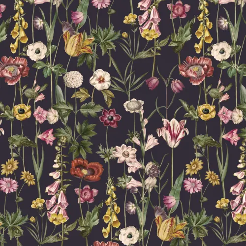 Mørkt illustreret tapet med vilde blomster