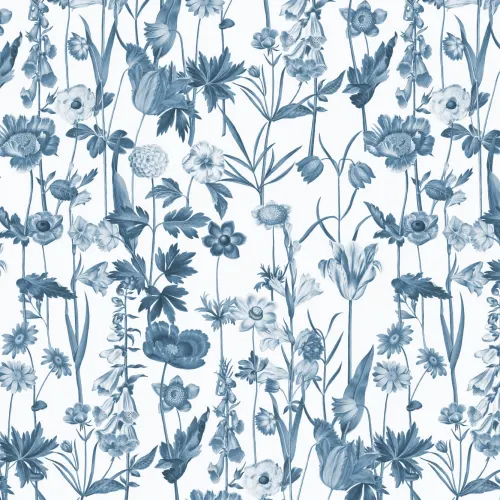 Papel de parede de flores silvestres ilustradas em azul e branco