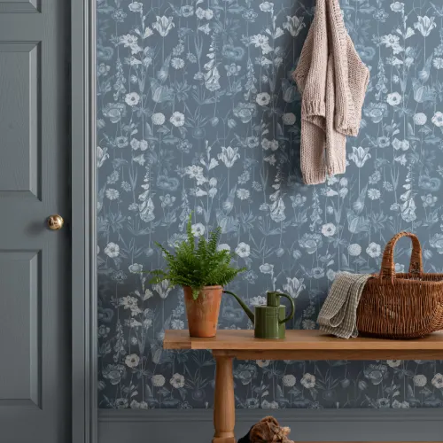 Blue Illustrated Wildflower Wallpaper