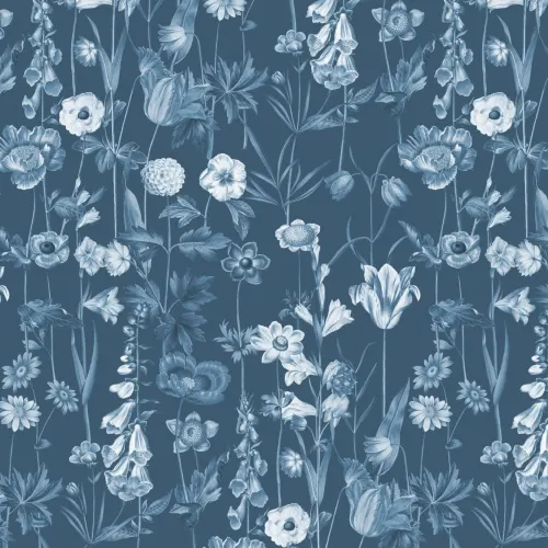 Blue Illustrated Wildflower Wallpaper