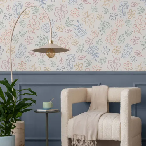 Pastellfarget skandinavisk tapet med botanisk motiv