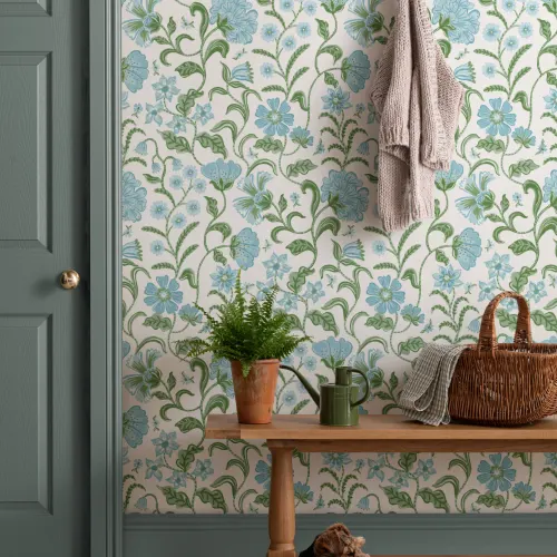 Blue Indian Style Floral Wallpaper